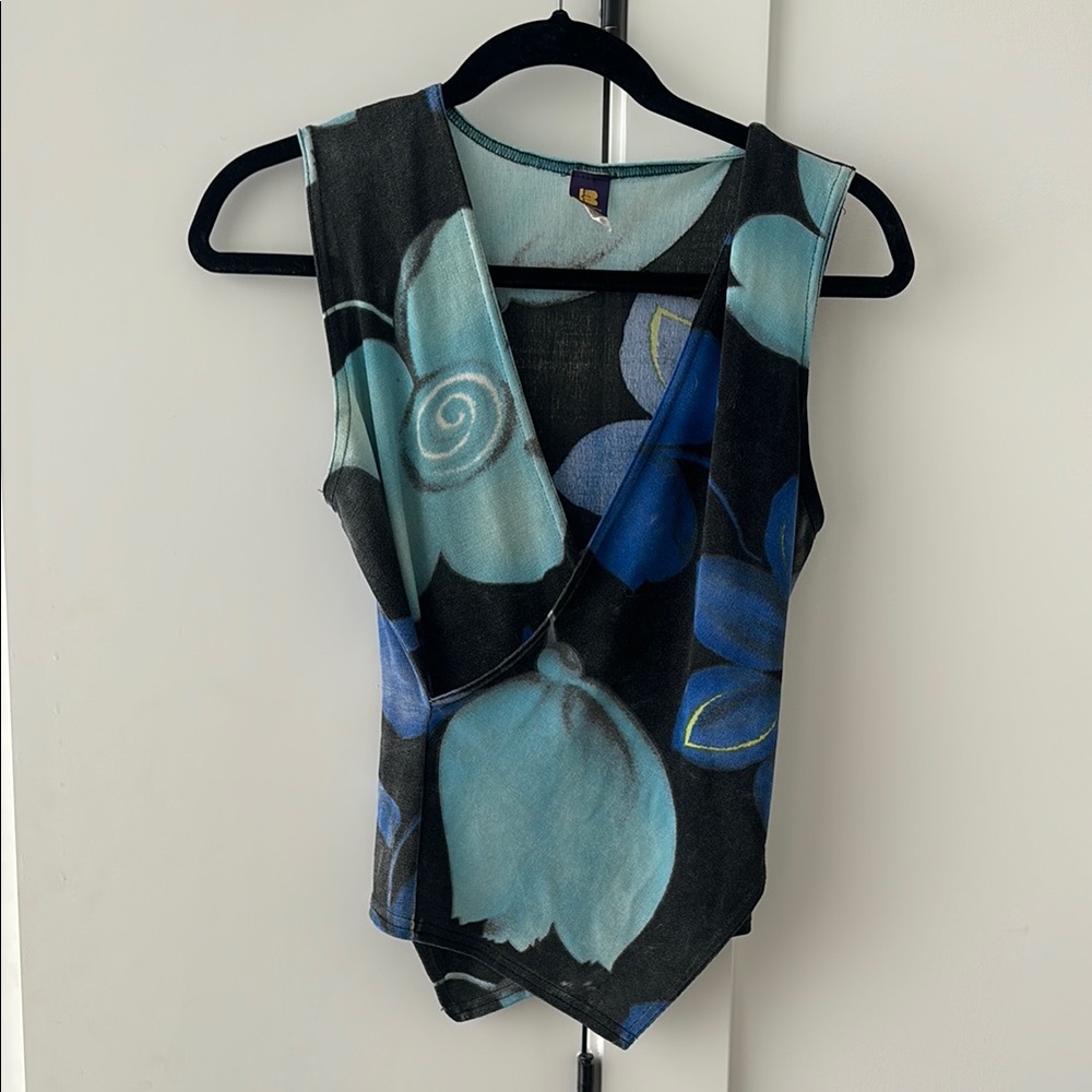 Vintage Floral Sleeveless Wrap Top - Blue and Black